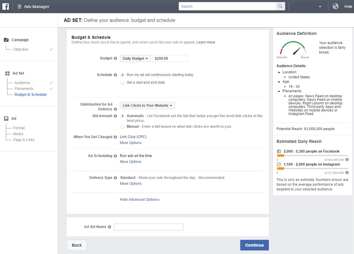 facebook ad budget page